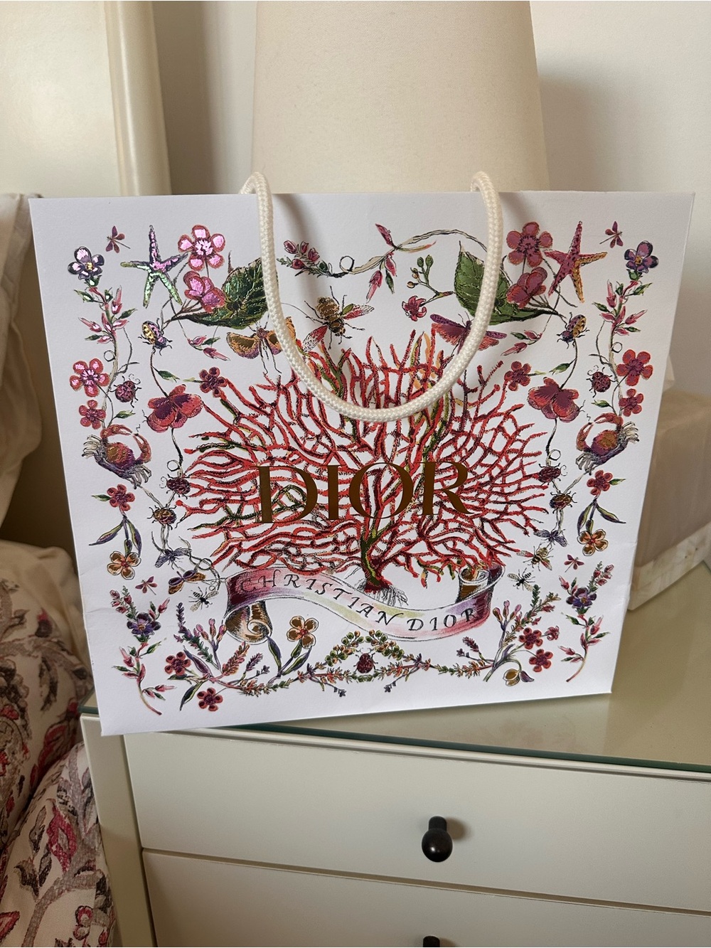 Dior shopping bag with Red Coral and Floral Motif for show or framed as artwork!
